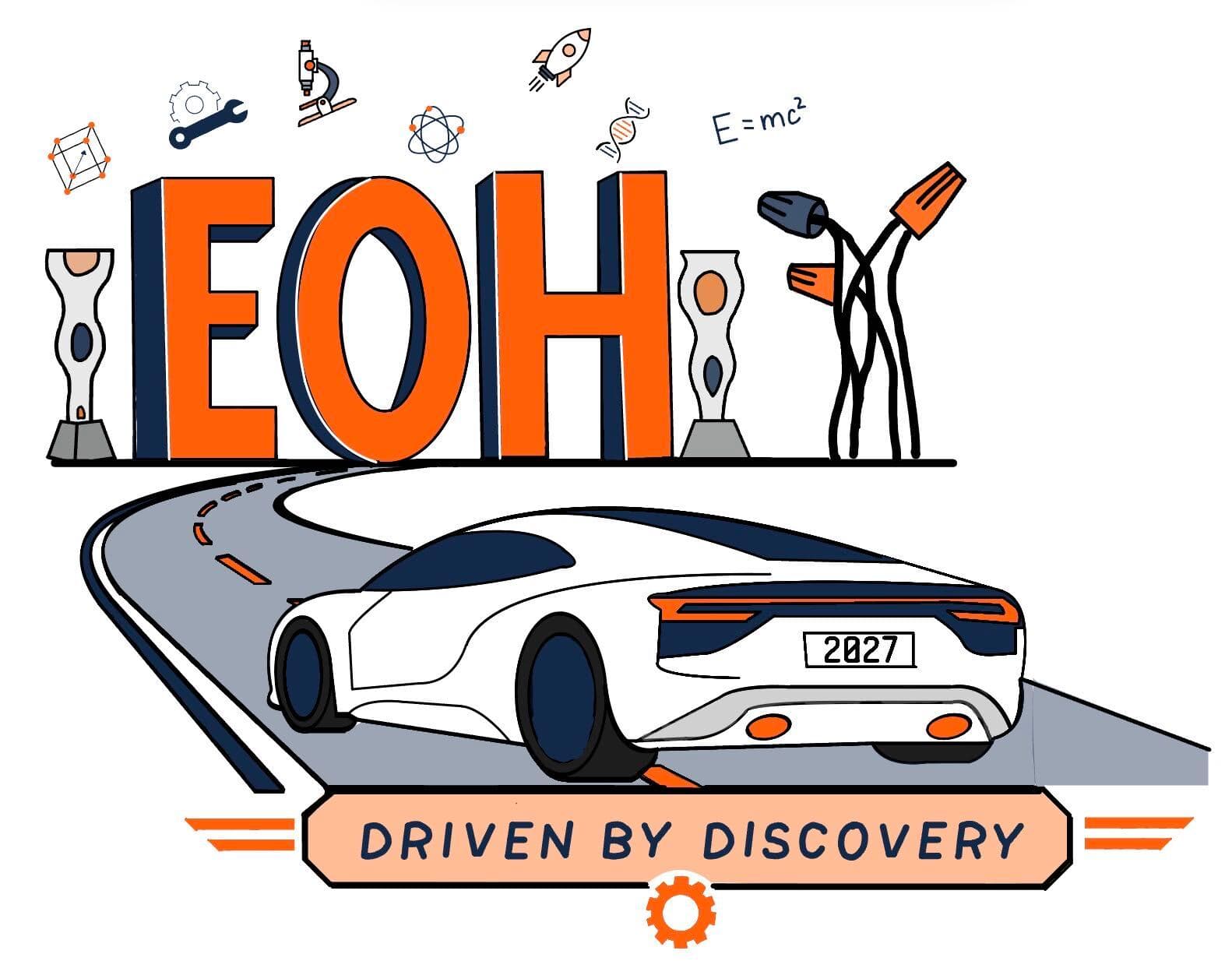 EOH 2027 logo: giant EOH letters and science icons above a white car with a 2027 license plate on a winding road, with the banner Driven by Discovery